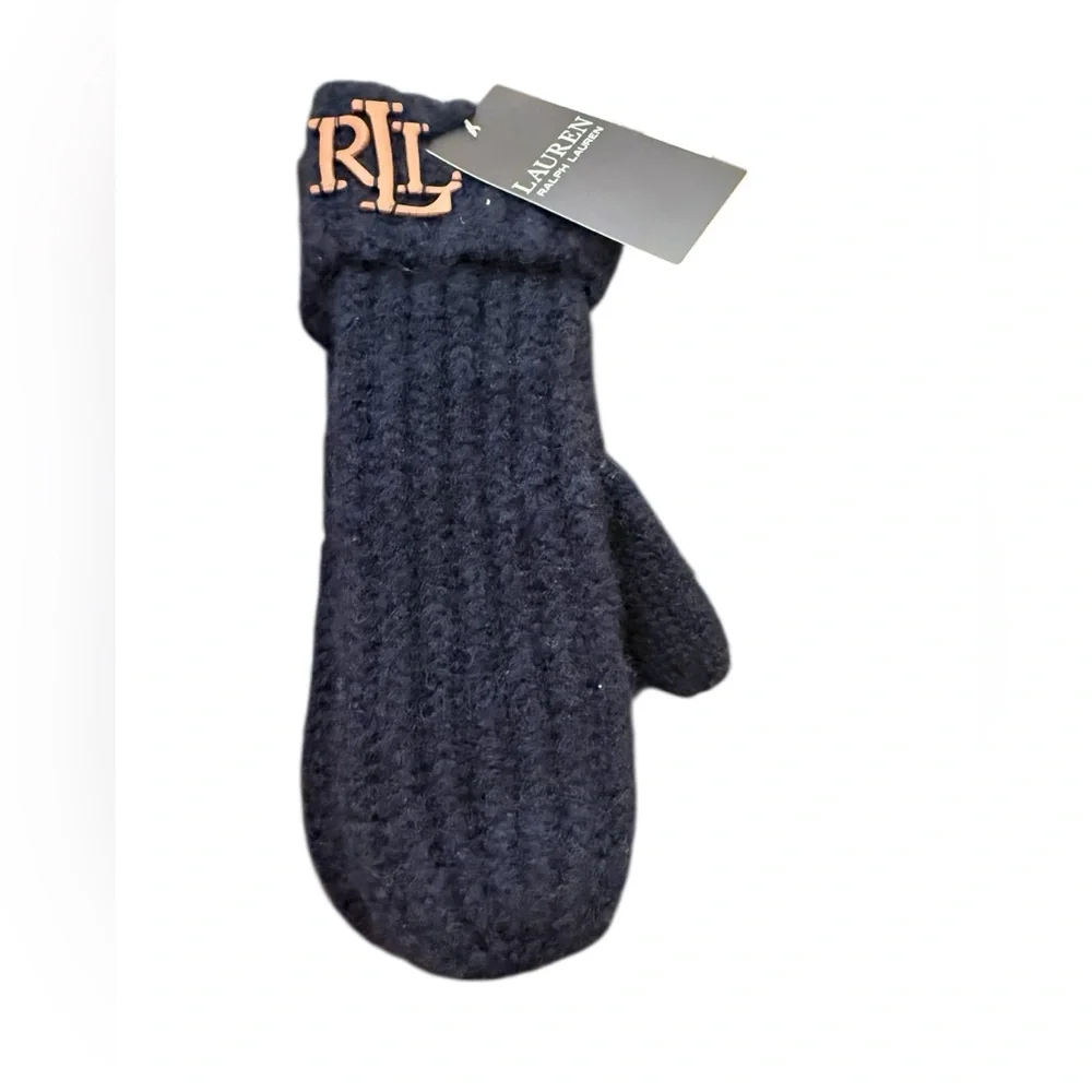 NWT Lauren Ralph Lauren Navy Ribbed Knit Mittens with Leather Logo Patch